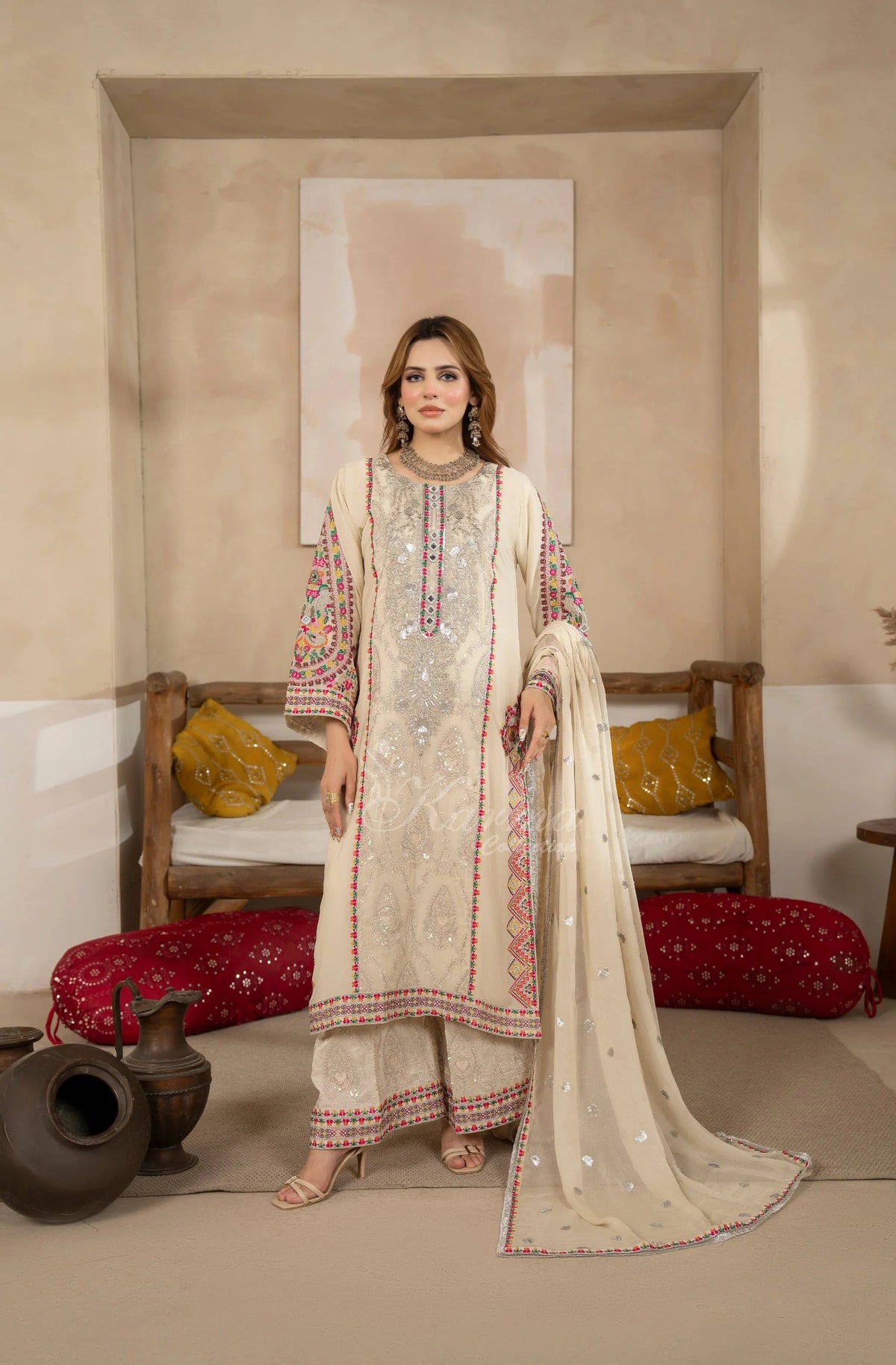 Ivory Elegance - Embroidered Shamoz Silk 3PC Suit