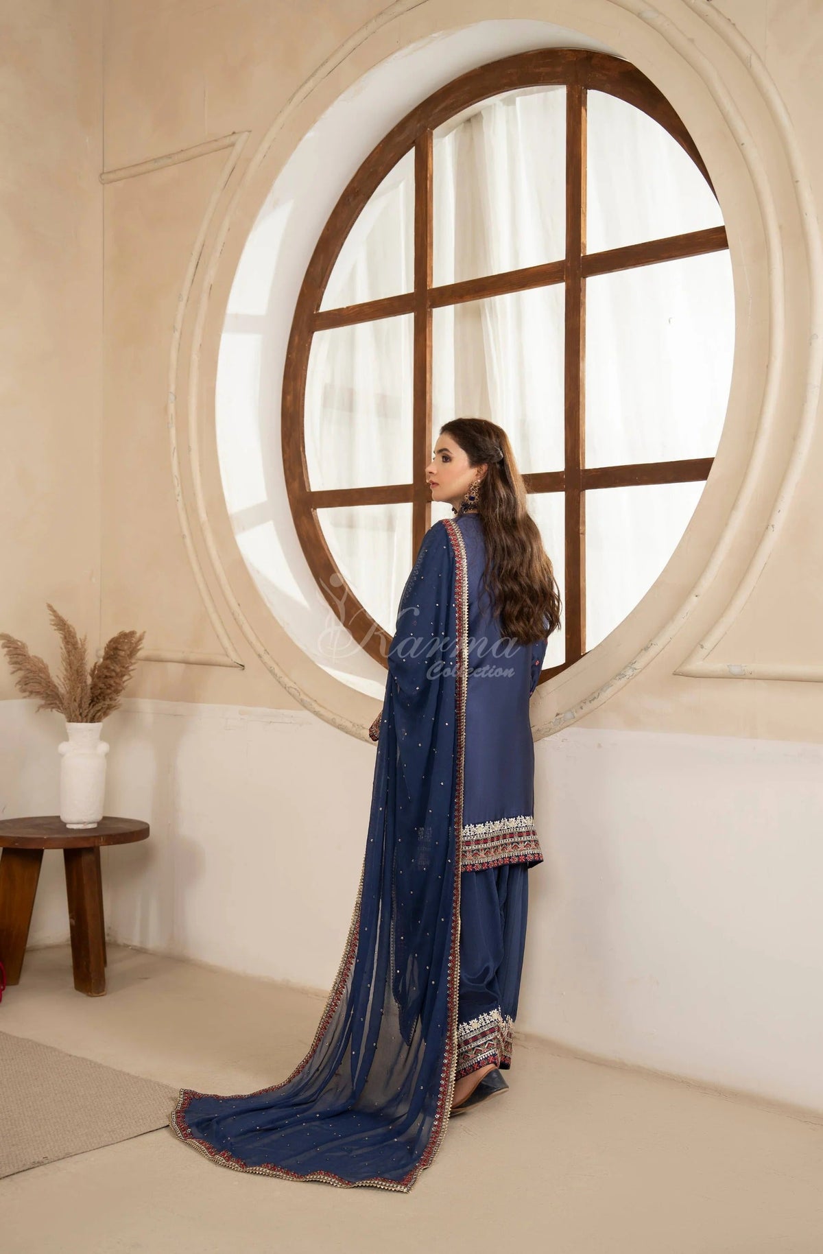 Navy Blue Floral Embroidered Shamoz Silk 3PC Suit