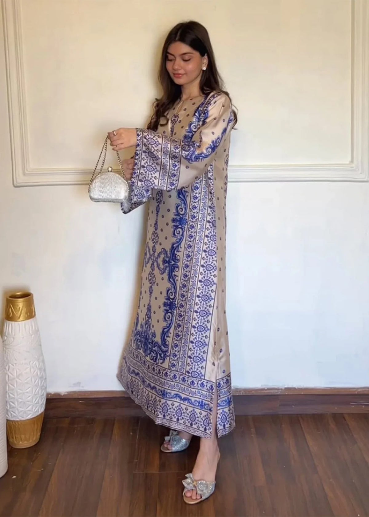 EL-1044 Nour – Beige & Blue Printed 2-Piece Charmuse Suit
