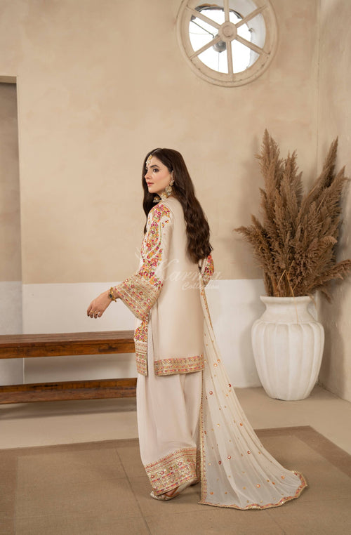 Ivory Floral Embroidered Shamoz Silk 3PC Suit