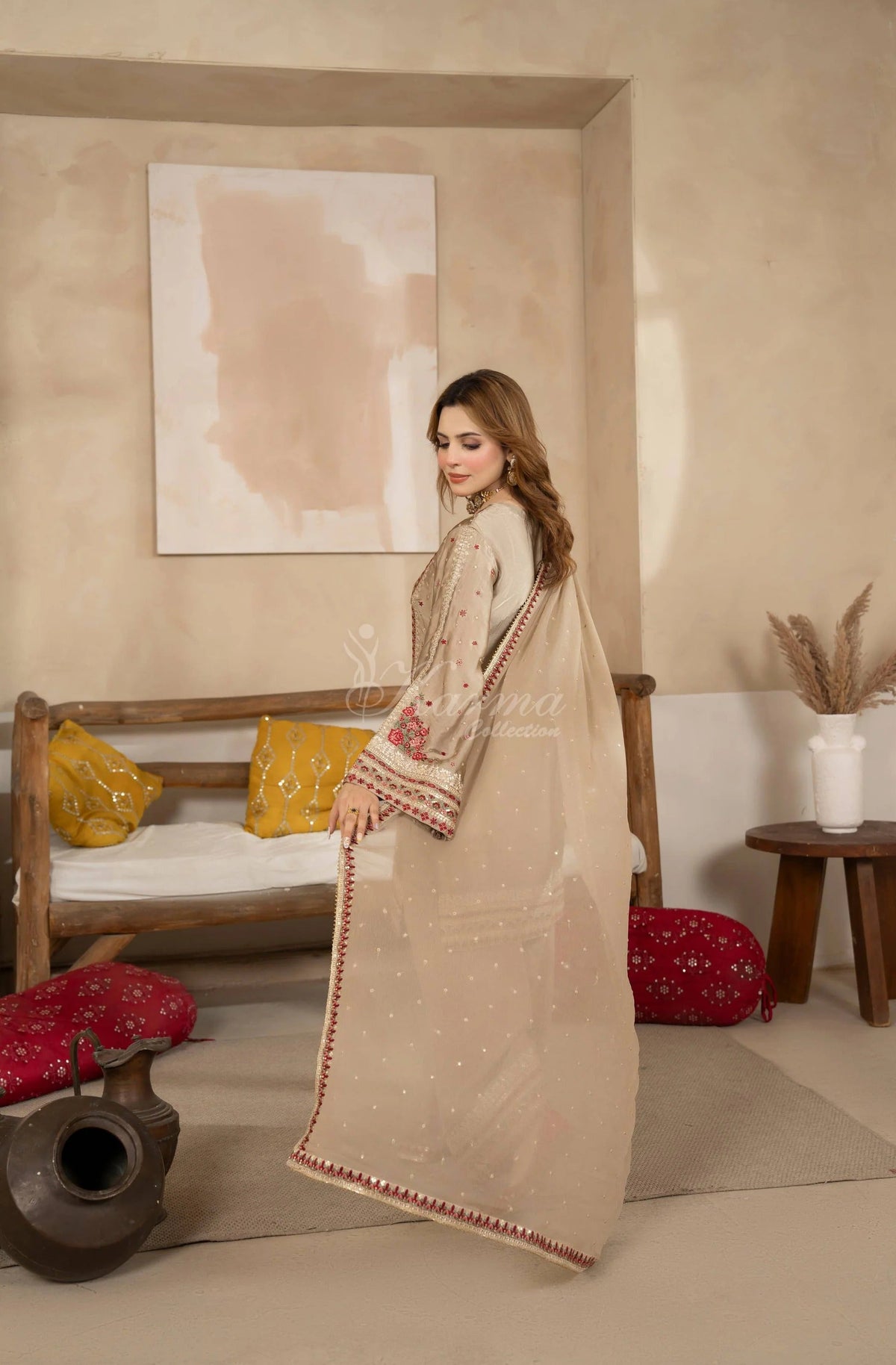 Beige Embroidered Shamoz Silk 3PC Suit