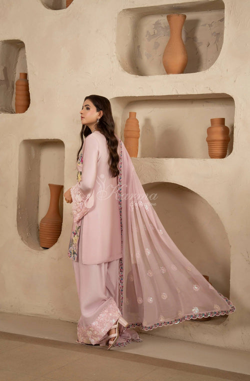 Blush Pink Floral Embroidered Shamoz Silk 3PC Suit