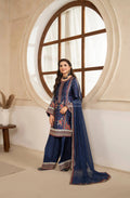 Navy Blue Floral Embroidered Shamoz Silk 3PC Suit