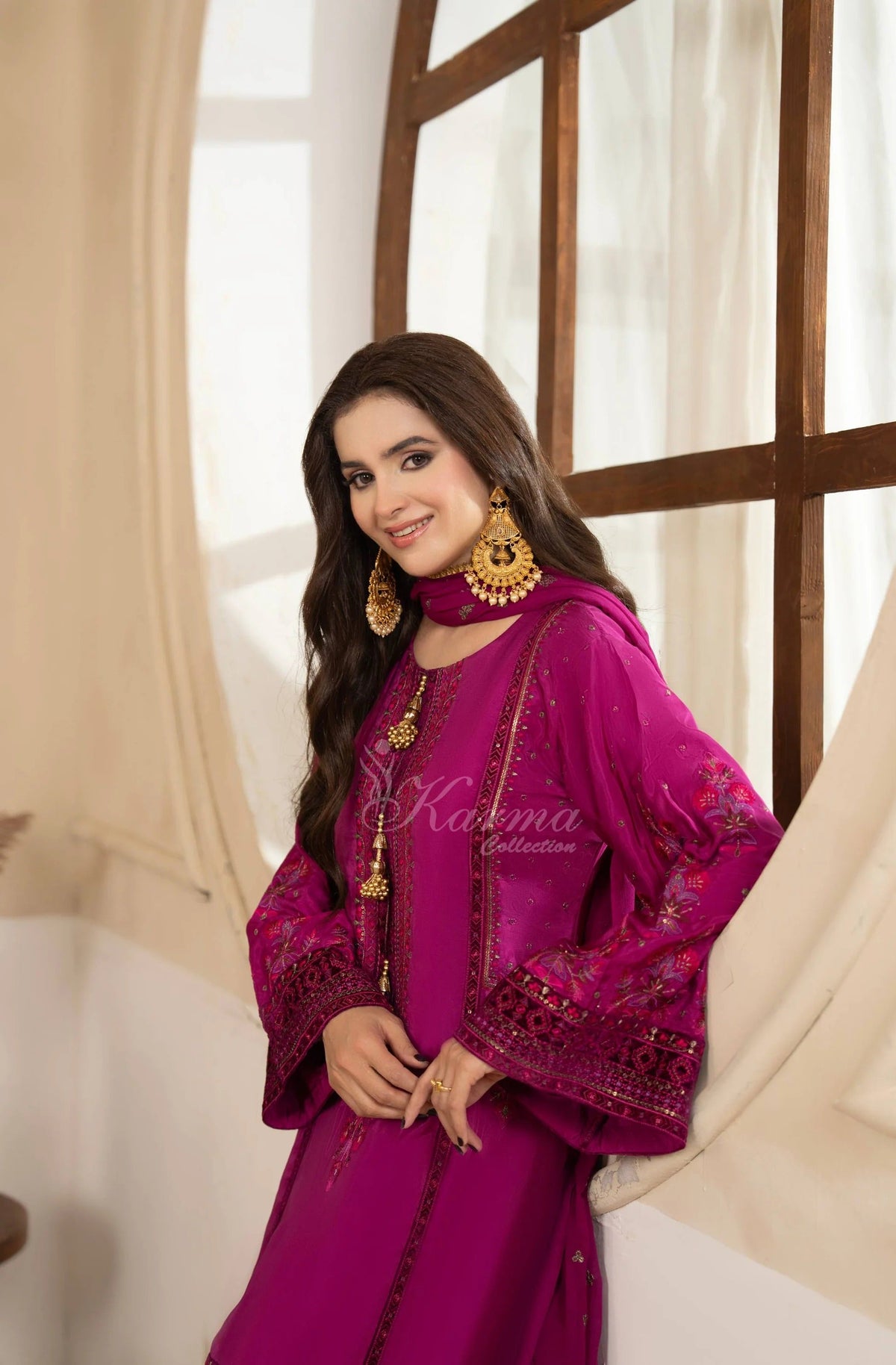 Magenta Embroidered Shamoz Silk 3PC Suit