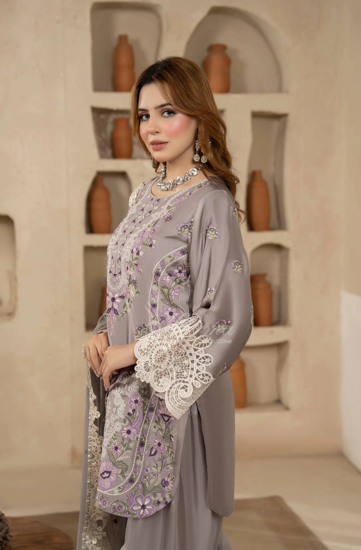 Lavender Grey Embroidered Shamoz Silk 3PC Suit