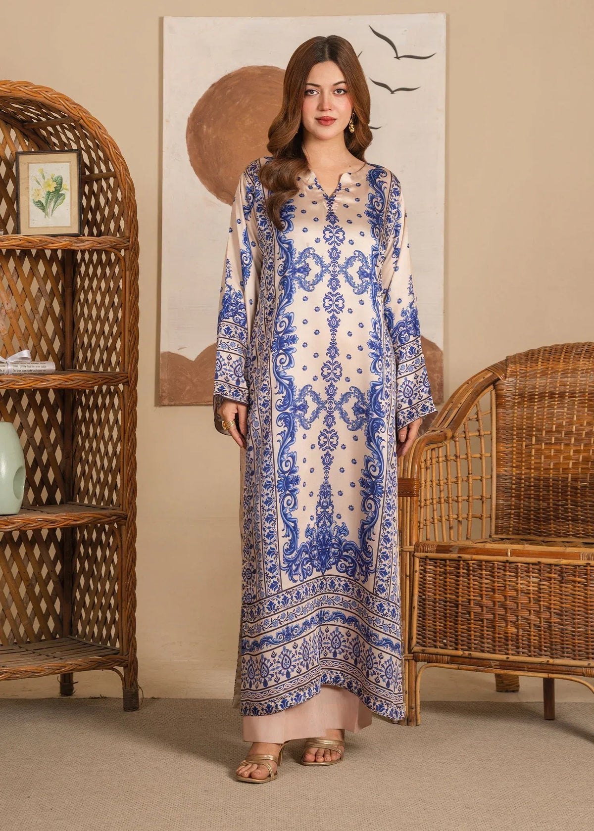 EL-1044 Nour – Beige & Blue Printed 2-Piece Charmuse Suit