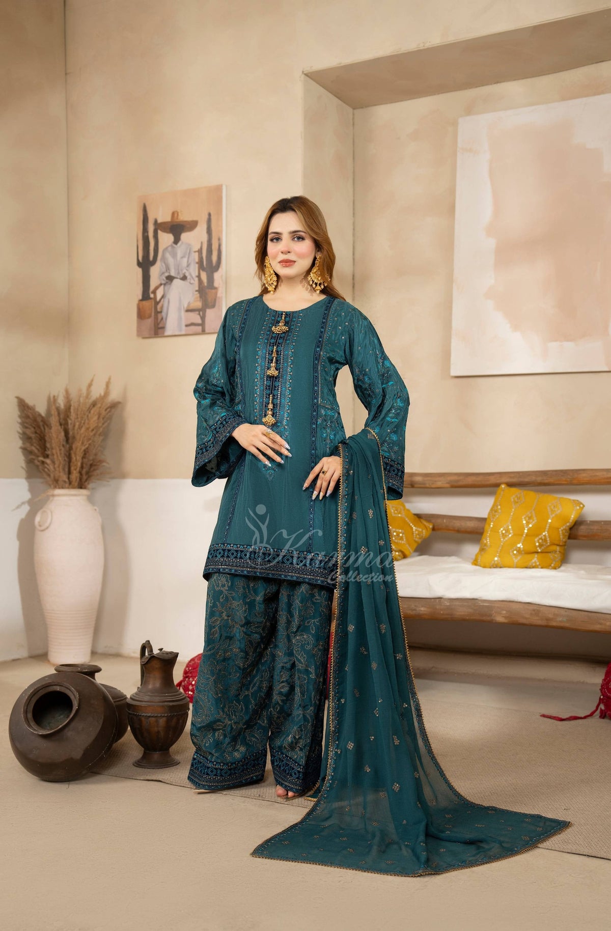 Teal Blue Embroidered Shamoz Silk 3PC Suit