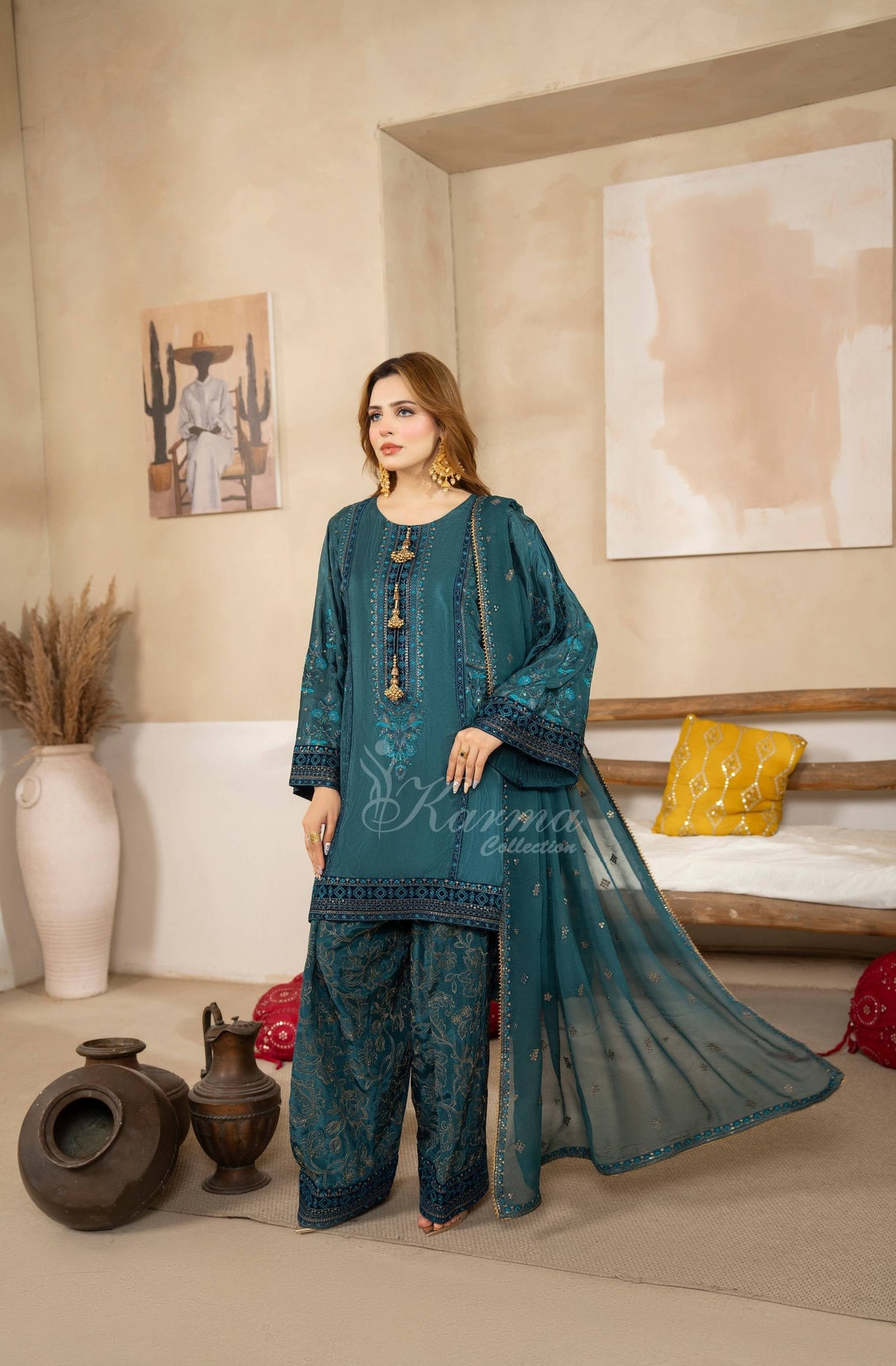 Teal Blue Embroidered Shamoz Silk 3PC Suit