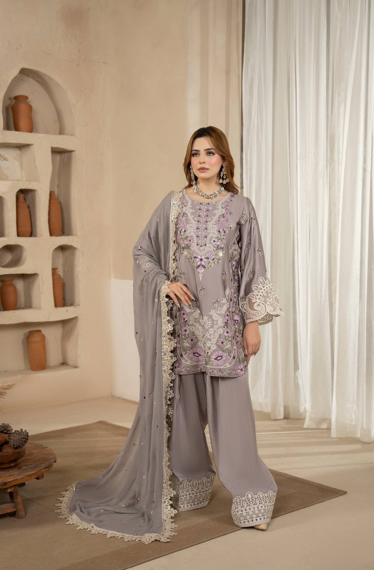 Lavender Grey Embroidered Shamoz Silk 3PC Suit
