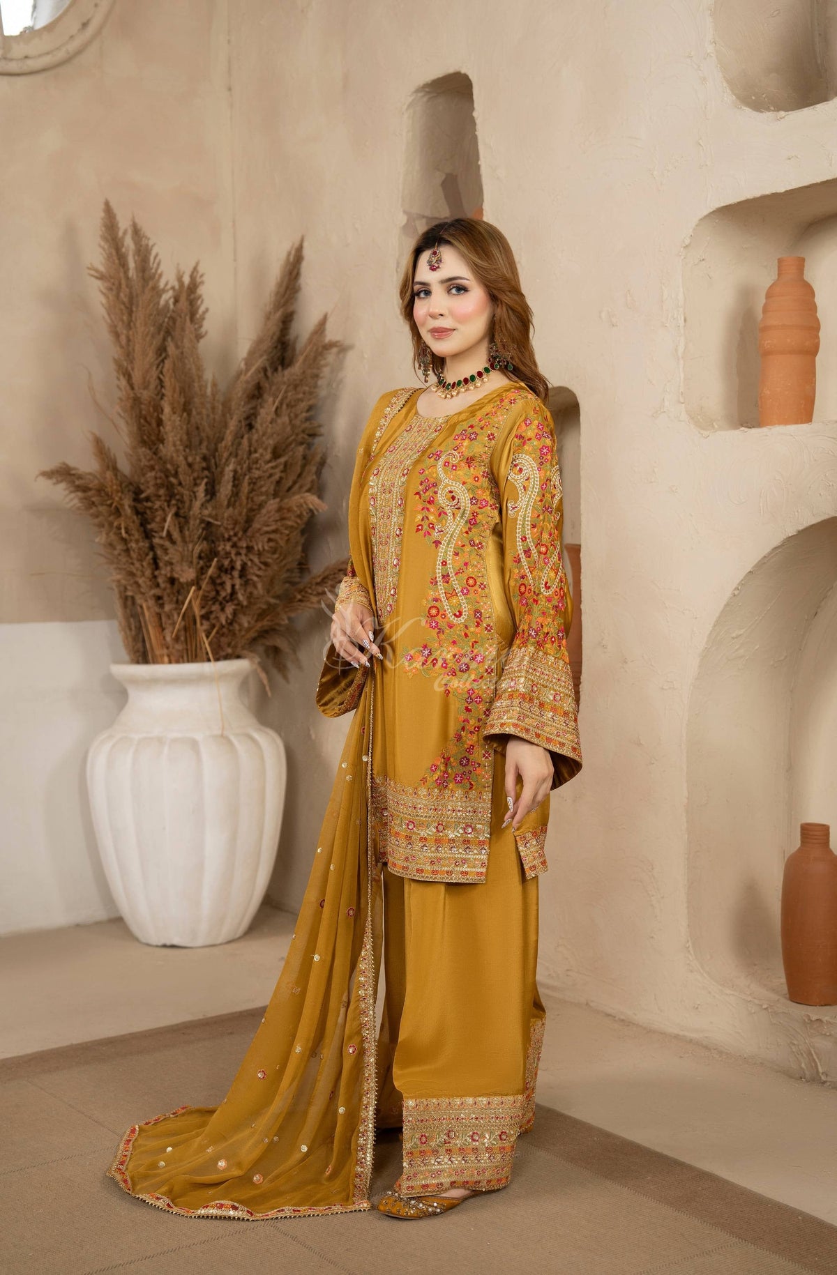 Mustard Gold Embroidered Shamoz Silk 3PC Suit