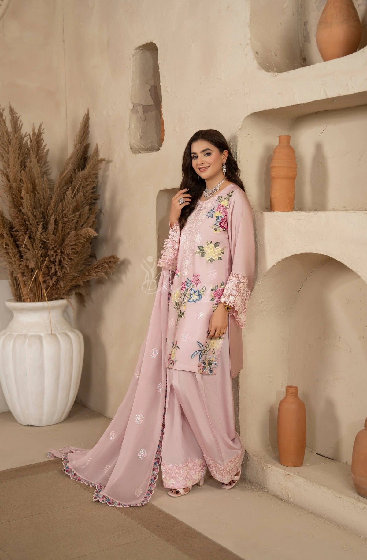 Blush Pink Floral Embroidered Shamoz Silk 3PC Suit