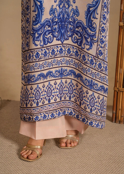 EL-1044 Nour – Beige & Blue Printed 2-Piece Charmuse Suit