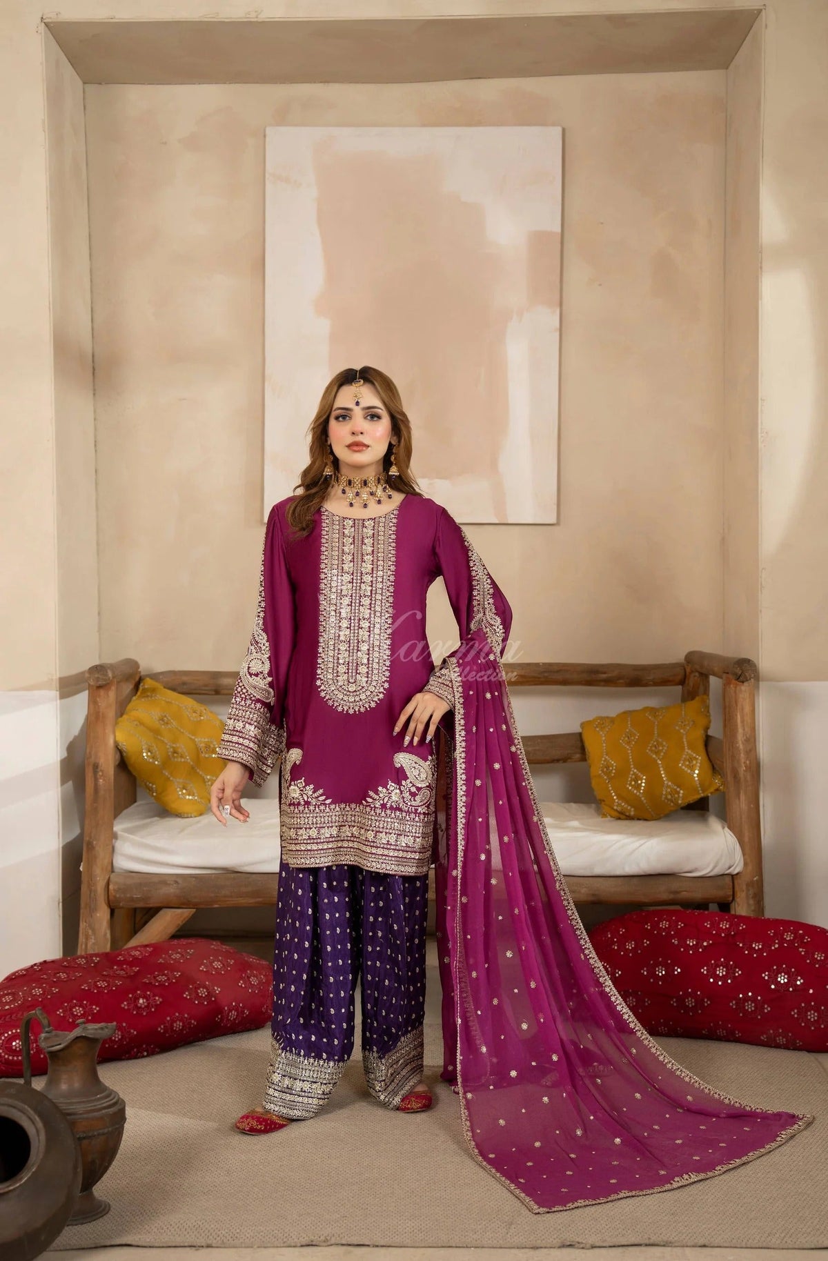 Plum Embroidered Shamoz Silk 3PC Suit