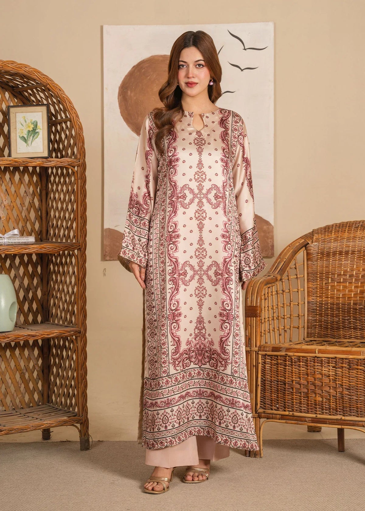 EL-1043 Alya – Elegant Beige Silk Printed Shirt
