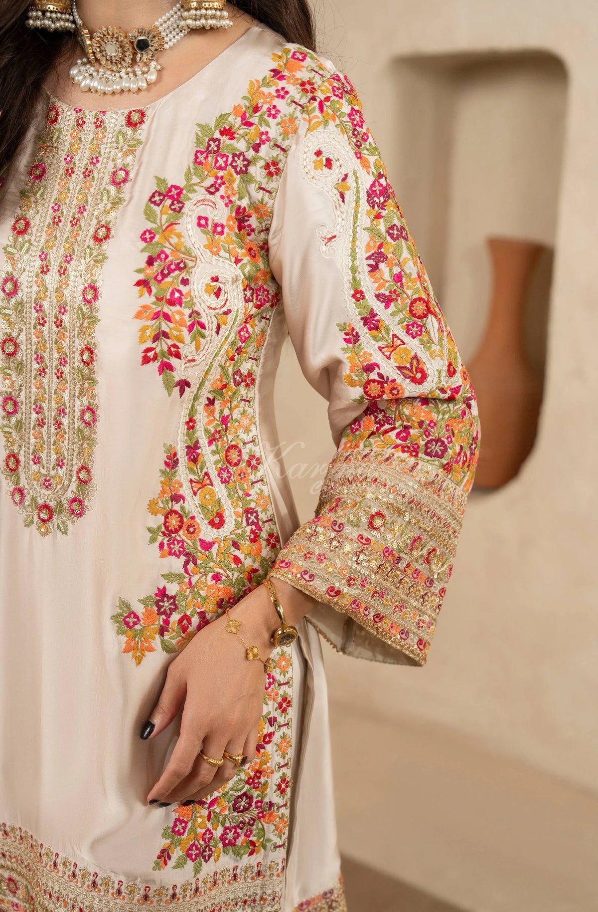 Ivory Floral Embroidered Shamoz Silk 3PC Suit