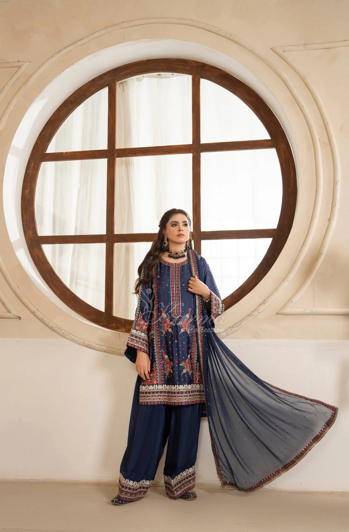 Navy Blue Floral Embroidered Shamoz Silk 3PC Suit