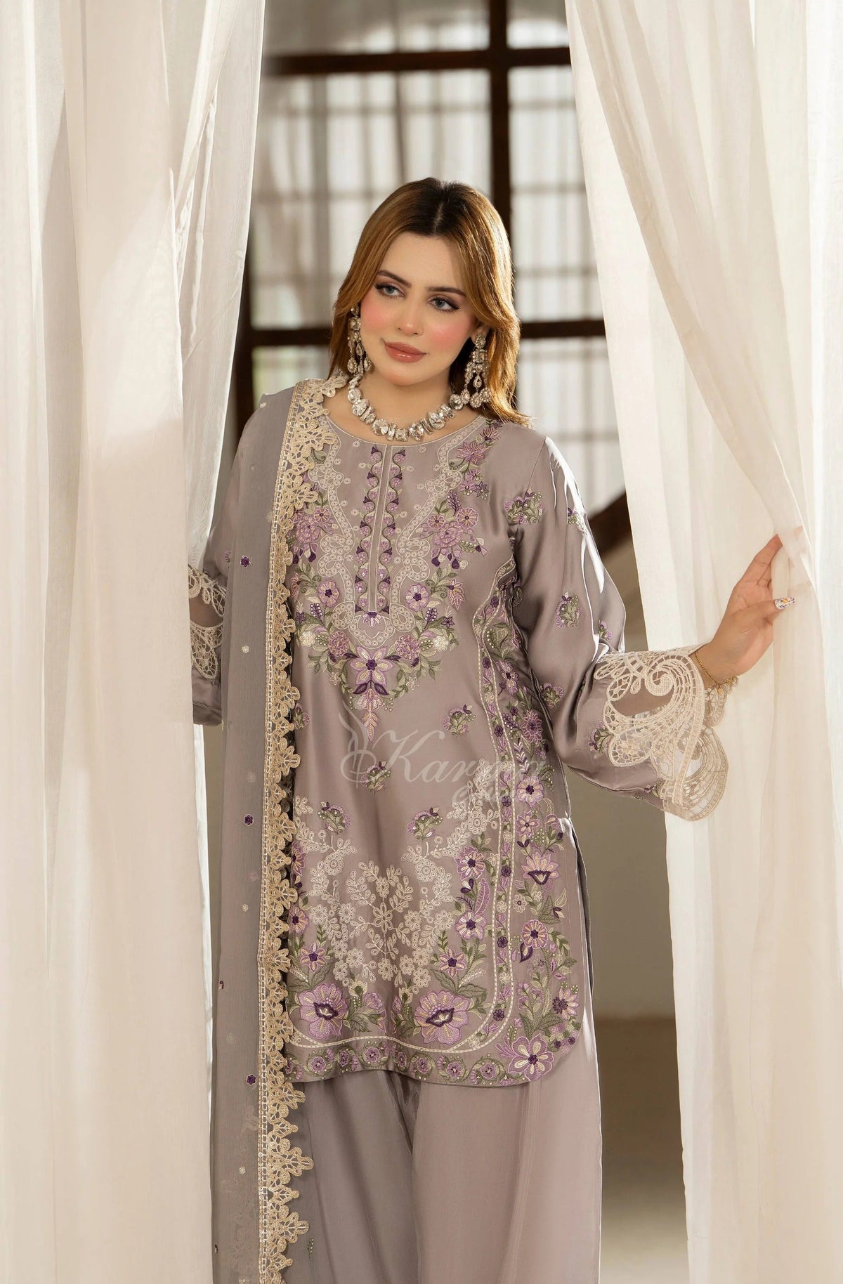 Lavender Grey Embroidered Shamoz Silk 3PC Suit