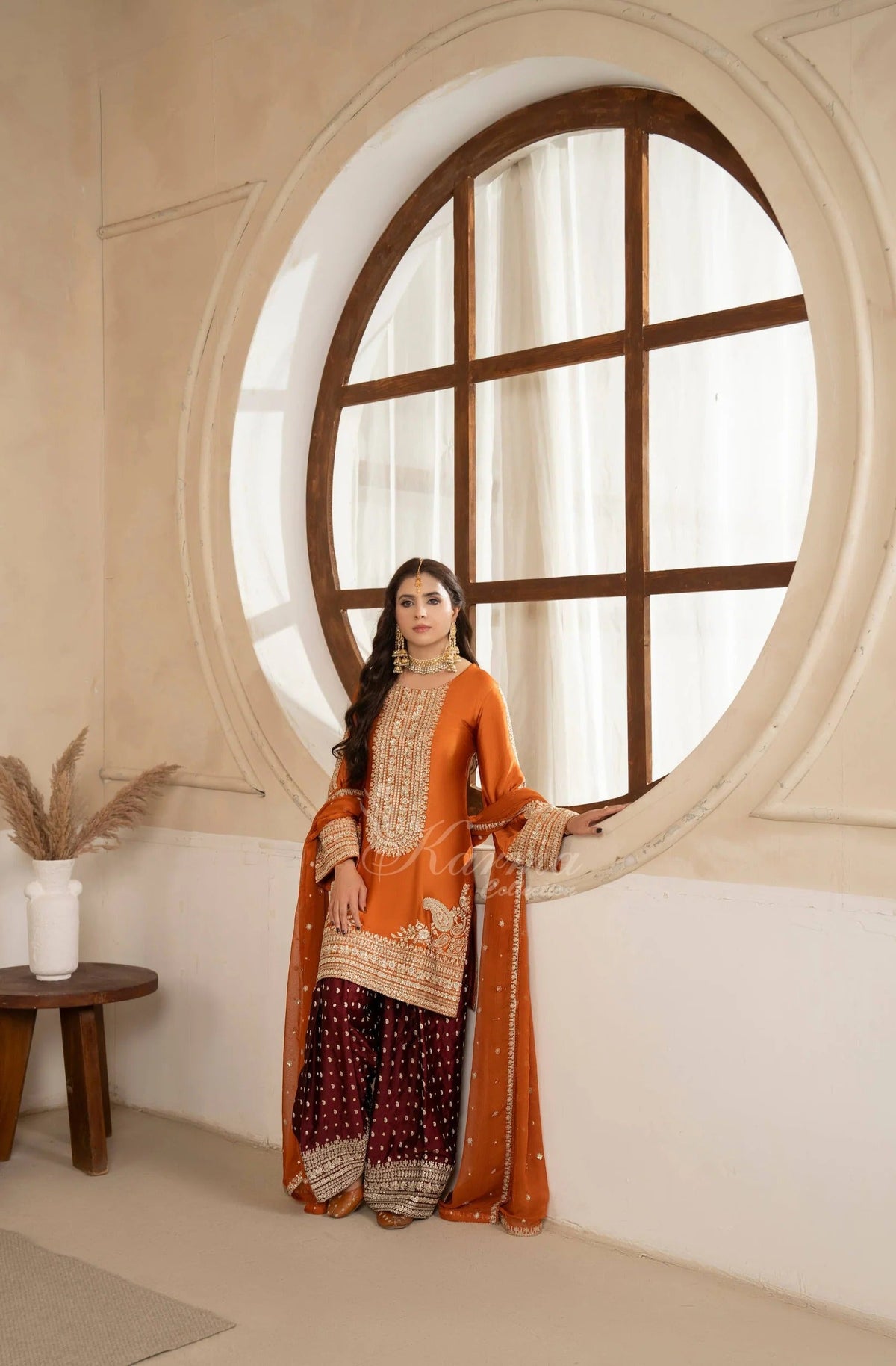 Burnt Orange Embroidered Shamoz Silk 3PC Suit