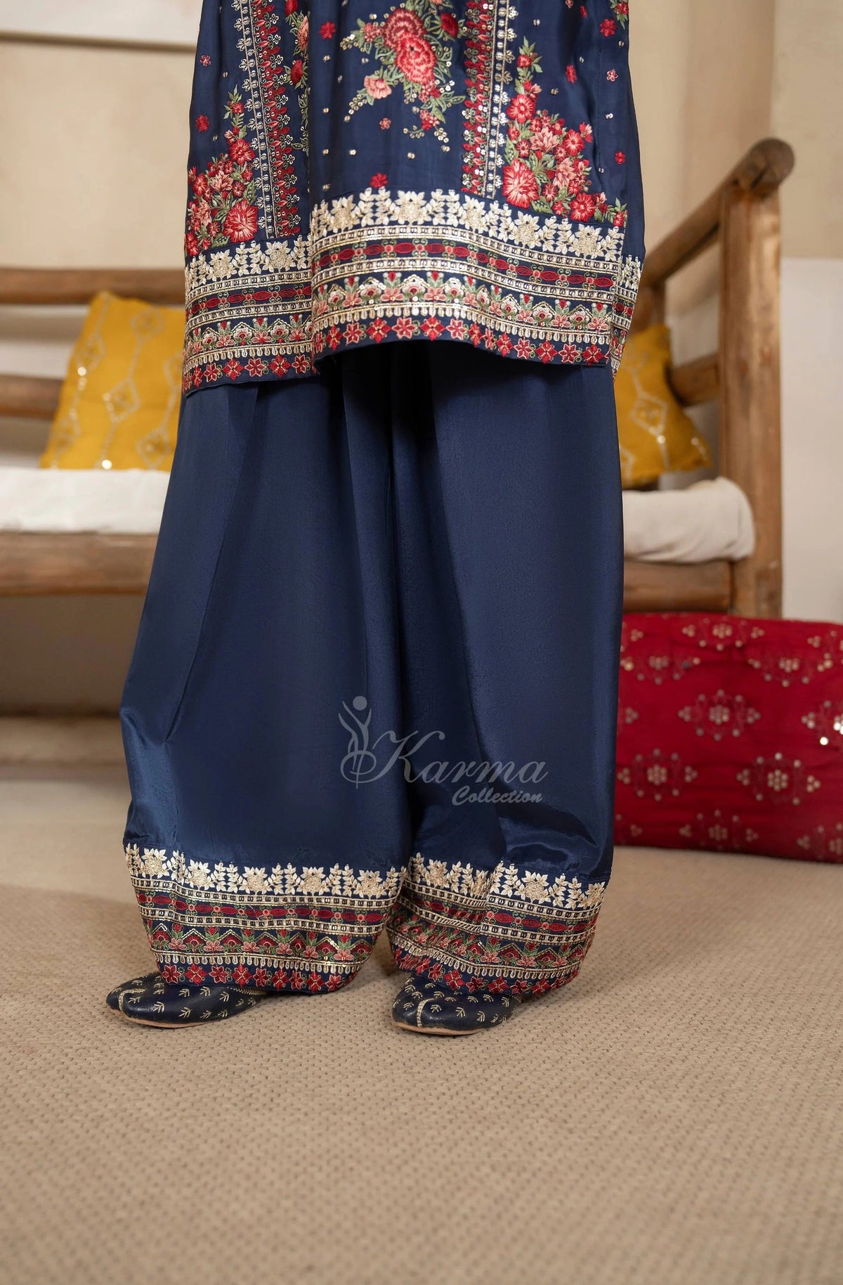 Navy Blue Floral Embroidered Shamoz Silk 3PC Suit