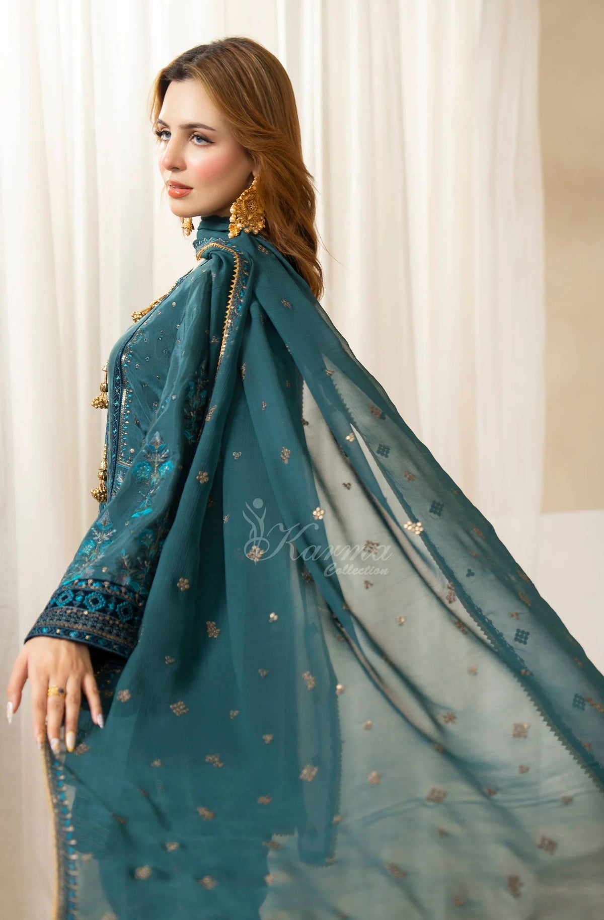 Teal Blue Embroidered Shamoz Silk 3PC Suit