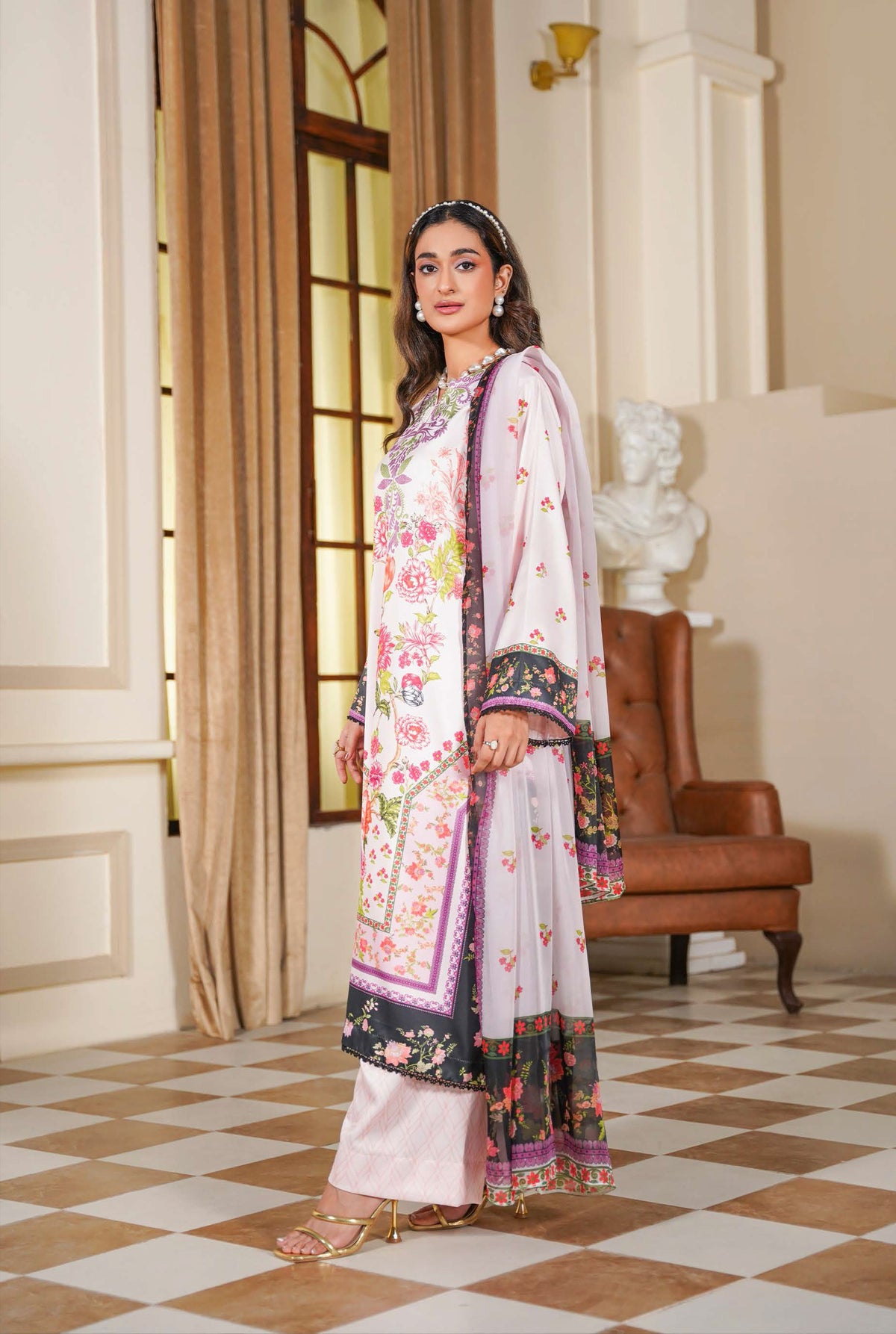 Light Pink Floral Printed 3-Piece Suit with Black Floral Borders